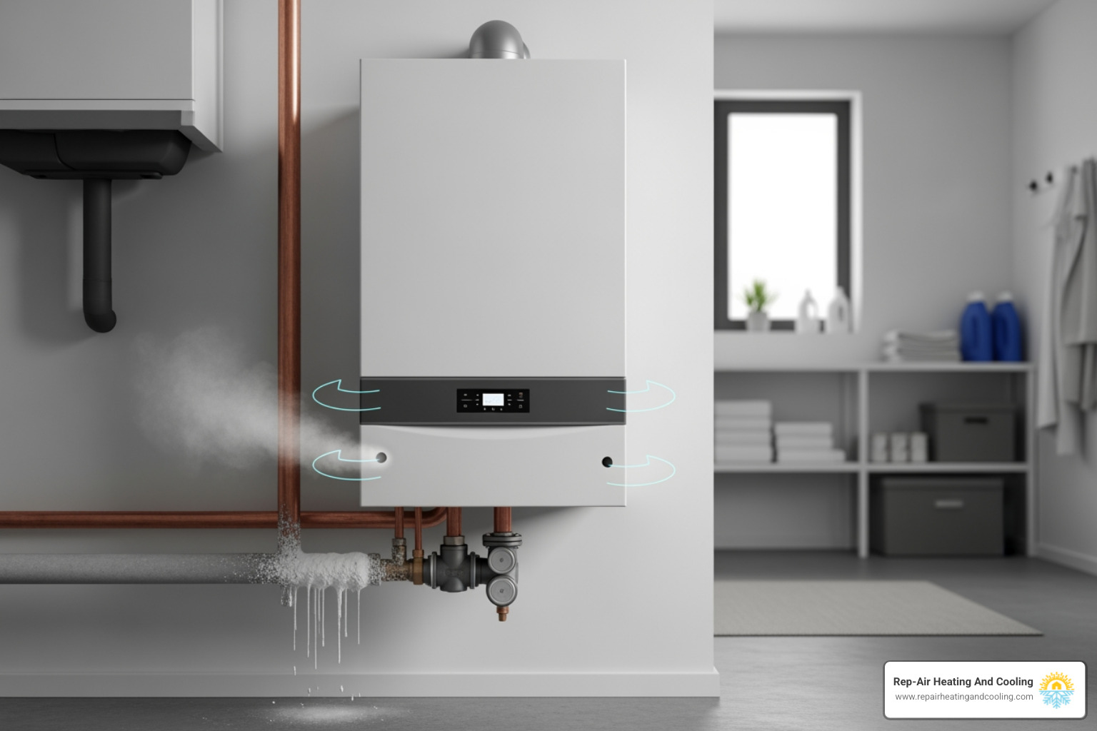 Infographic showing six common boiler noises (banging, whistling, gurgling, hissing, humming, clicking) with icons representing each sound, paired with their most common causes such as limescale buildup, trapped air, system leaks, and loose components - boiler making noise in brookswood, bc