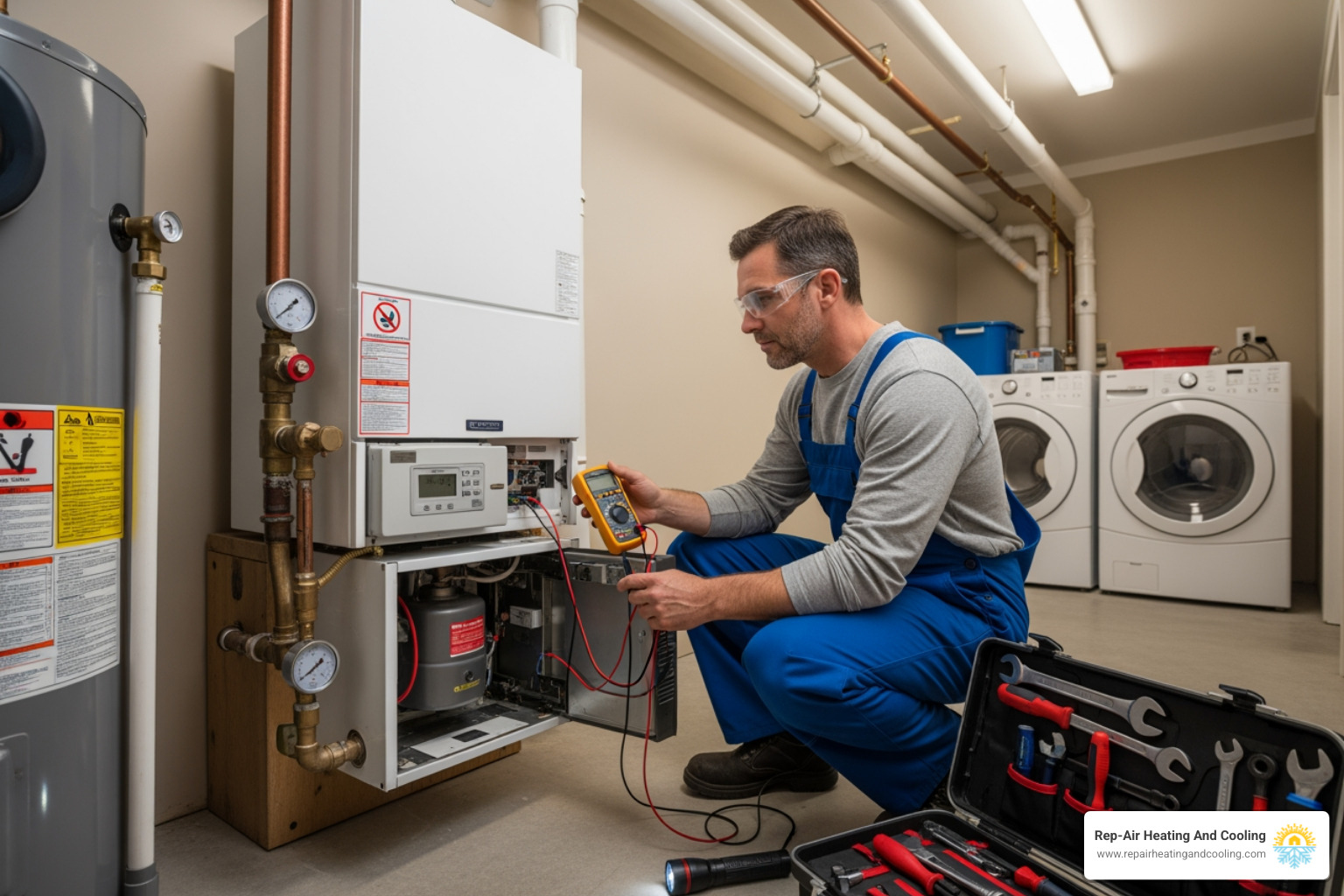 Professional technician inspecting a boiler - boiler making noise in brookswood, bc