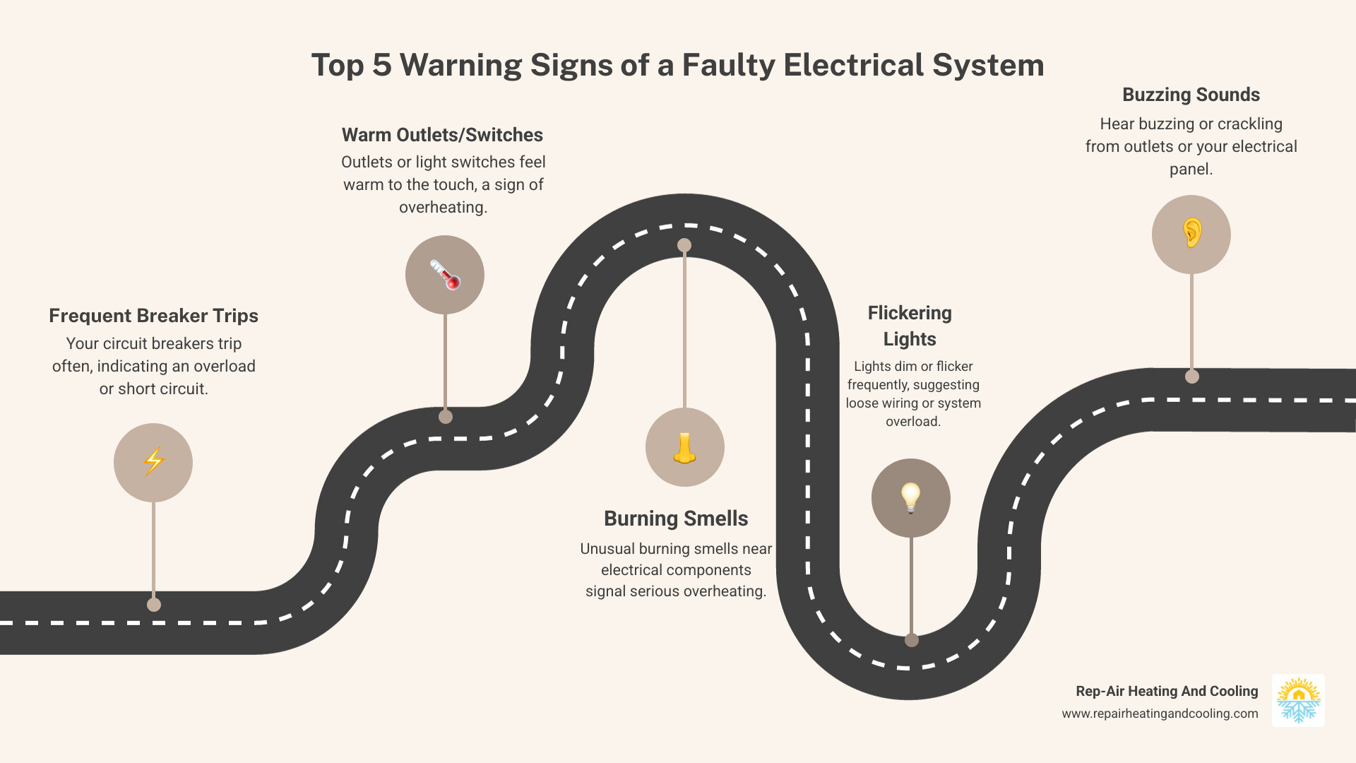 Infographic showing the top 5 warning signs of a faulty electrical system: 1. Circuit breakers trip frequently, 2. Outlets or switches feel warm to the touch, 3. Burning smell or unusual odors near electrical components, 4. Flickering or dimming lights, 5. Buzzing or crackling sounds from outlets or panels - electrical repair langley bc infographic roadmap-5-steps Infographic showing the top 5 warning signs of a faulty electrical system: 1. Circuit breakers trip frequently, 2. Outlets or switches feel warm to the touch, 3. Burning smell or unusual odors near electrical components, 4. Flickering or dimming lights, 5. Buzzing or crackling sounds from outlets or panels - electrical repair langley bc infographic roadmap-5-steps