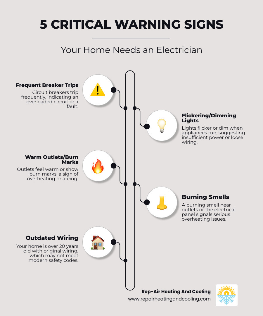 Infographic showing 5 critical warning signs your home needs an electrician: 1. Circuit breakers trip frequently, 2. Lights flicker or dim when appliances run, 3. Outlets feel warm or show burn marks, 4. Burning smell near outlets or panel, 5. Your home is over 20 years old with original wiring - electrician mission bc infographic infographic-line-5-steps-elegant_beige Infographic showing 5 critical warning signs your home needs an electrician: 1. Circuit breakers trip frequently, 2. Lights flicker or dim when appliances run, 3. Outlets feel warm or show burn marks, 4. Burning smell near outlets or panel, 5. Your home is over 20 years old with original wiring - electrician mission bc infographic infographic-line-5-steps-elegant_beige