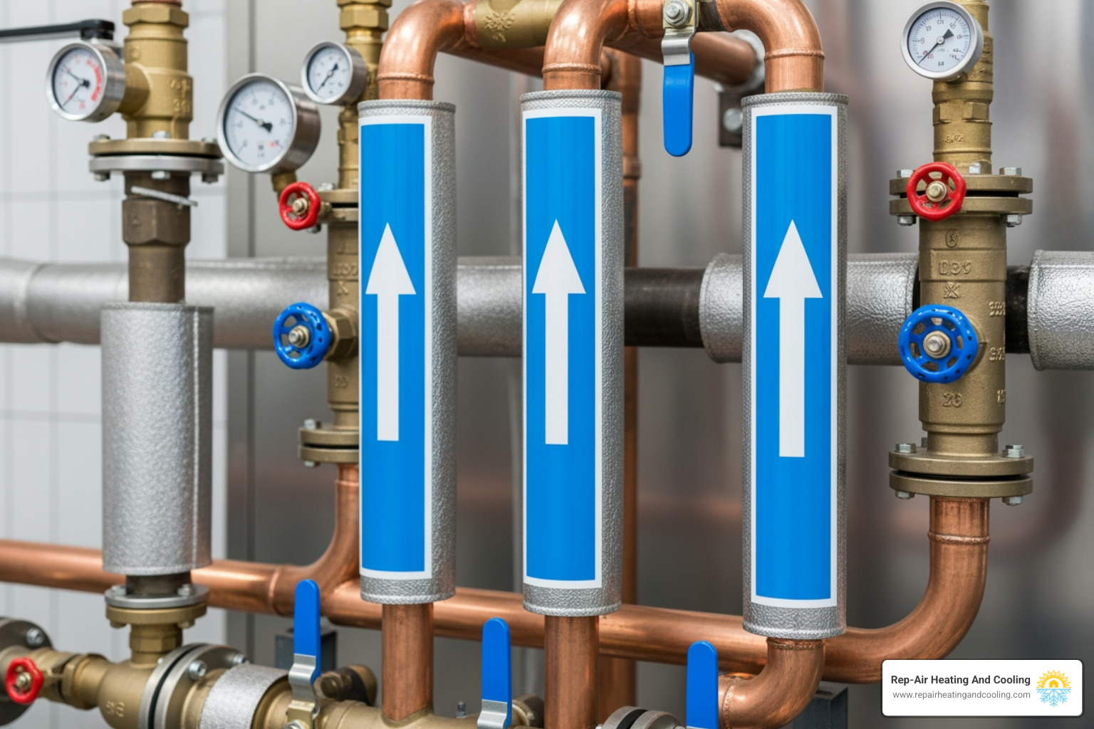 A boiler's pipe system with arrows indicating water flow - boiler making noise in Abbotsford, BC