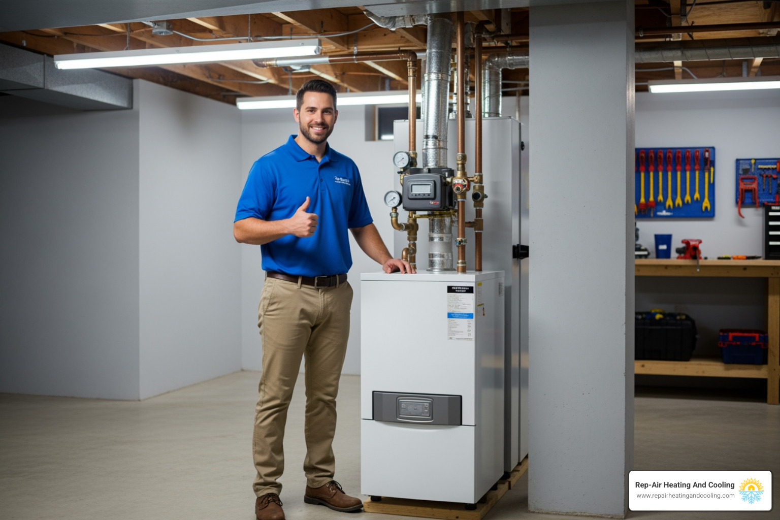 Friendly technician giving a thumbs-up next to a boiler - boiler making noise in Abbotsford, BC