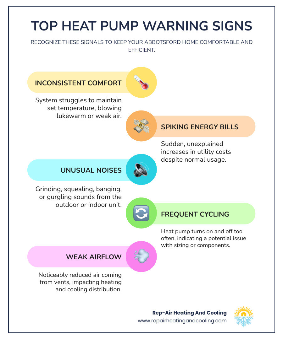 infographic showing the top 5 warning signs a heat pump needs repair with icons for inadequate temperature control, rising bills, strange noises, poor airflow, and frequent cycling - heat pump repair abbotsford bc infographic infographic-line-5-steps-colors infographic showing the top 5 warning signs a heat pump needs repair with icons for inadequate temperature control, rising bills, strange noises, poor airflow, and frequent cycling - heat pump repair abbotsford bc infographic infographic-line-5-steps-colors