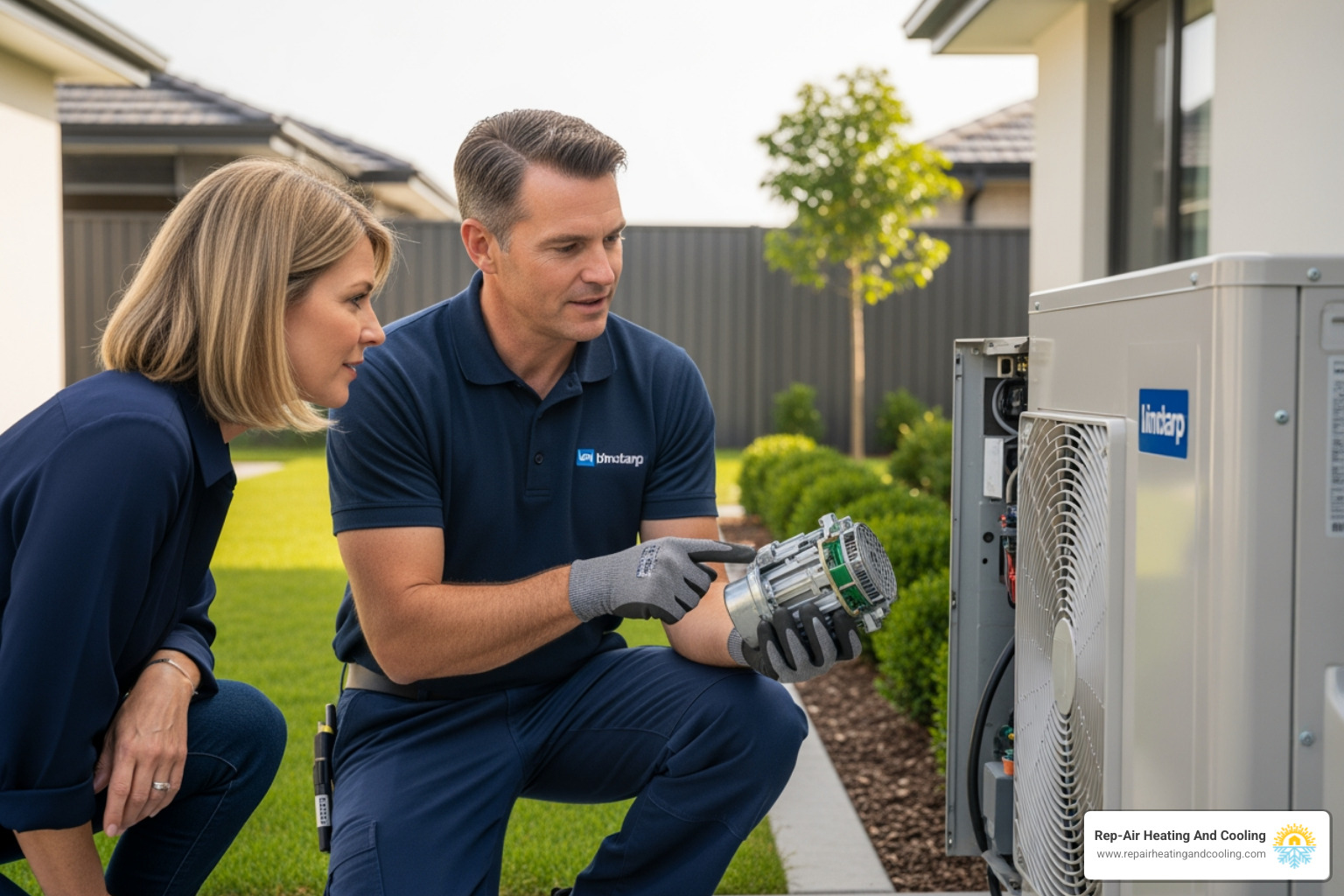 technician showing a homeowner a part from their heat pump - heat pump tune up langley bc technician showing a homeowner a part from their heat pump - heat pump tune up langley bc