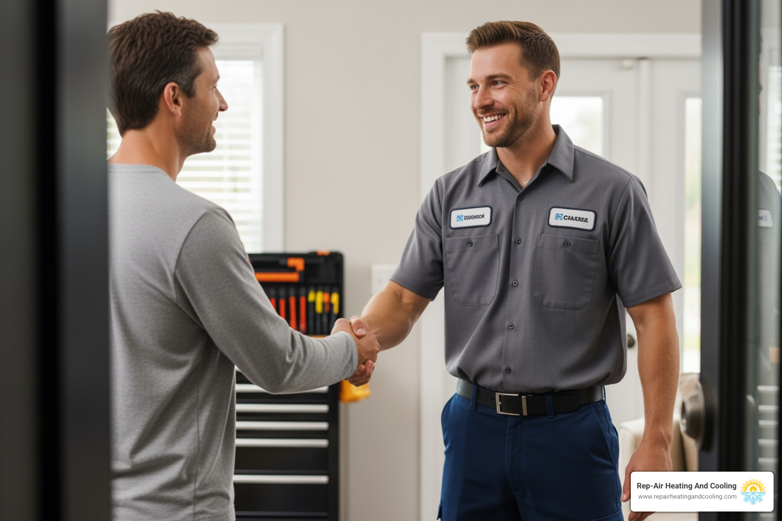 friendly technician shaking homeowner's hand - hvac maintenance mission bc friendly technician shaking homeowner's hand - hvac maintenance mission bc