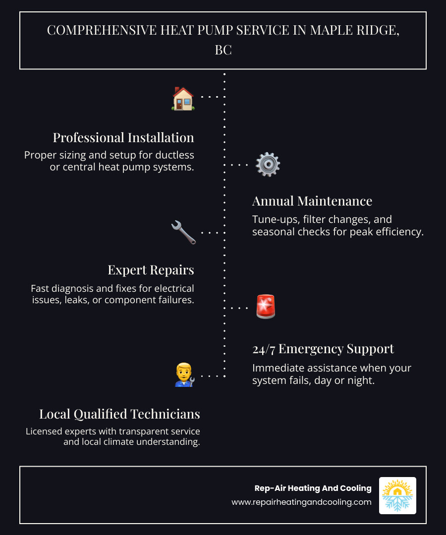 Comprehensive heat pump service includes professional installation with proper sizing and placement, annual maintenance with filter changes and system checks, fast repairs for common issues like refrigerant leaks and electrical problems, and 24/7 emergency support from licensed local technicians - heat pump service maple ridge bc infographic infographic-line-5-steps-dark Comprehensive heat pump service includes professional installation with proper sizing and placement, annual maintenance with filter changes and system checks, fast repairs for common issues like refrigerant leaks and electrical problems, and 24/7 emergency support from licensed local technicians - heat pump service maple ridge bc infographic infographic-line-5-steps-dark