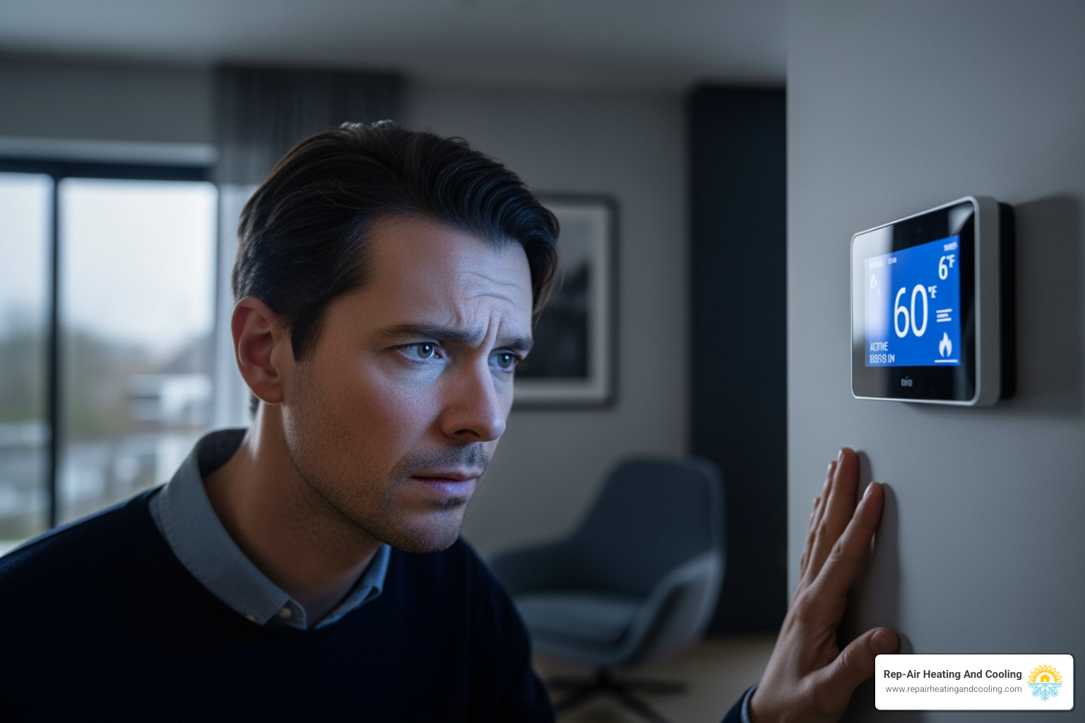 A homeowner looking concerned at their thermostat, wondering why their heat pump isn't working as it should - heat pump service maple ridge bc A homeowner looking concerned at their thermostat, wondering why their heat pump isn't working as it should - heat pump service maple ridge bc