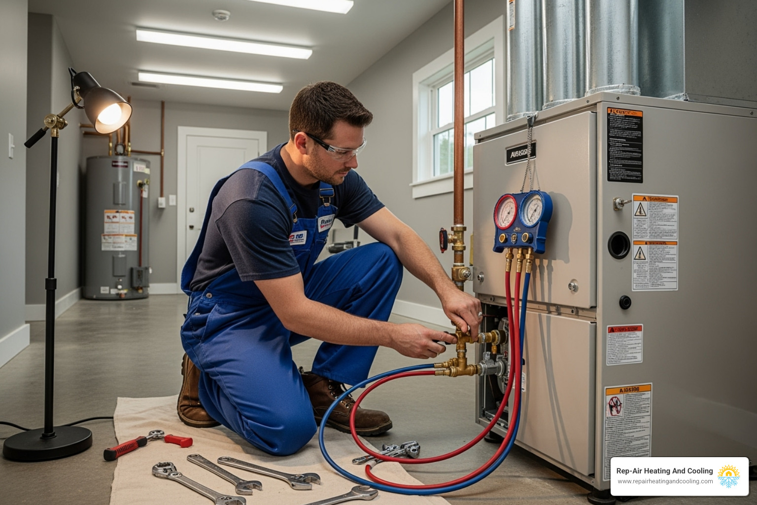 A certified HVAC technician carefully installing a new furnace, connecting pipes and checking gauges, demonstrating professionalism and adherence to safety standards. - furnace replacement mission bc