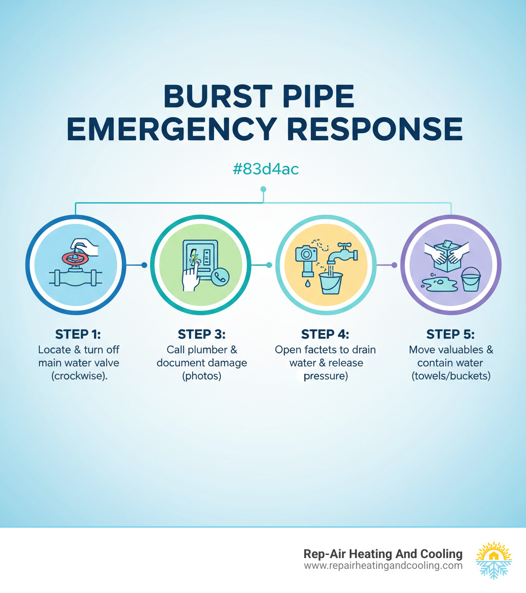 Burst Pipe Emergency Response: Step 1 - Locate and turn off your main water shut-off valve by rotating it clockwise; Step 2 - Turn off electricity at the breaker box if water is near electrical outlets or the water heater; Step 3 - Contact an emergency plumber immediately while documenting damage with photos for insurance for burst pipe repair; Step 4 - Open faucets to drain remaining water and release pressure from the system; Step 5 - Move valuables away from affected areas and begin containing water with towels or buckets - burst pipe repair infographic 