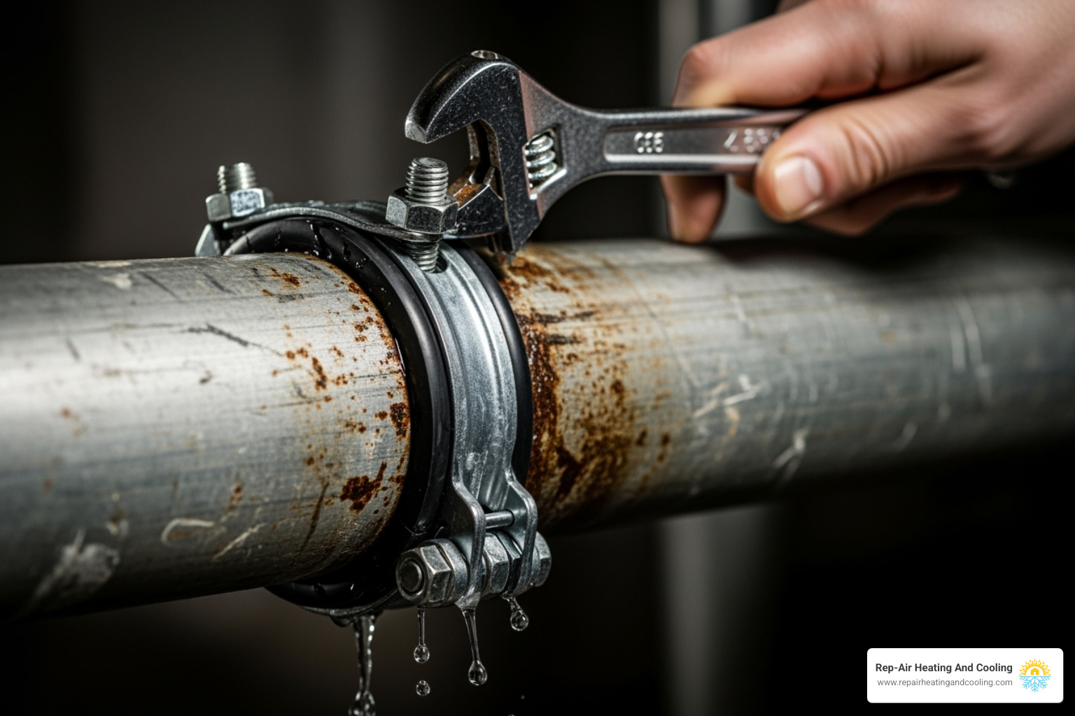 a pipe repair clamp being tightened over a leaking pipe - burst pipe repair