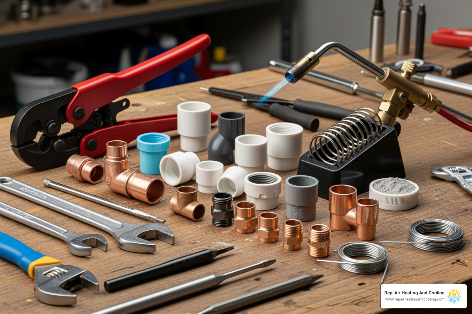 various pipe repair tools like a pipe cutter, torch, and fittings laid out - burst pipe repair