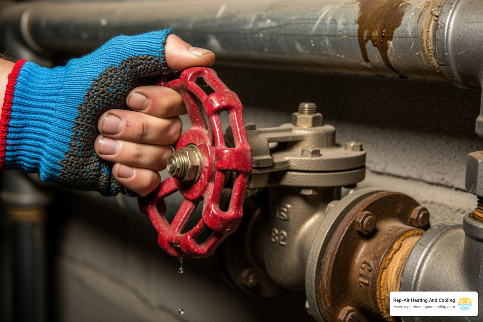 a hand turning a main water shut-off valve - burst pipe repair