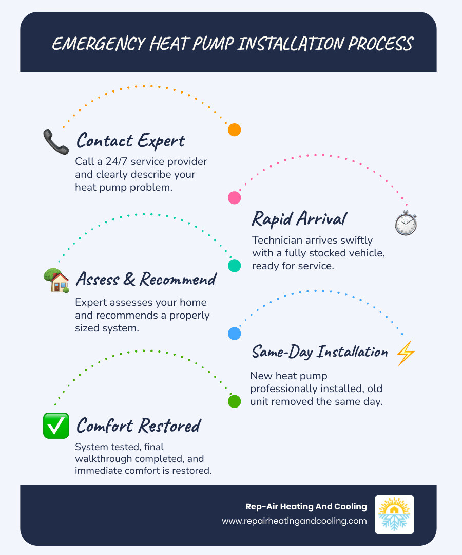 Infographic showing the emergency heat pump installation process: 1) Contact 24/7 service provider and describe the problem, 2) Technician arrives with fully stocked vehicle within hours, 3) Expert assesses your home and recommends properly sized system, 4) Professional installation completed same day including old unit removal, 5) System testing and customer walkthrough, 6) Immediate comfort restoration - 24/7 heat pump installation walnut grove infographic infographic-line-5-steps-blues-accent_colors