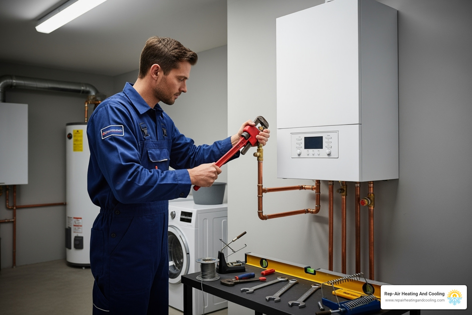 technician connecting pipes to new boiler unit - boiler installation glen valley bc