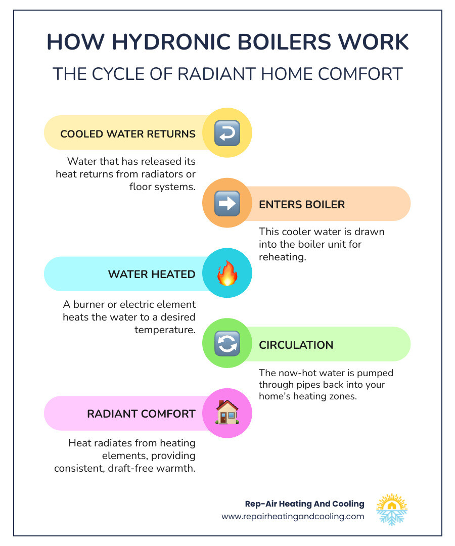 Infographic showing how a hydronic boiler system works: cold water returns from radiators or radiant floor systems to the boiler, where it is heated by a gas burner or electric element, then circulated back through the home via pipes, delivering even, comfortable warmth to every room without the drafts or noise of forced-air systems - boiler installation murrayville infographic infographic-line-5-steps-colors Infographic showing how a hydronic boiler system works: cold water returns from radiators or radiant floor systems to the boiler, where it is heated by a gas burner or electric element, then circulated back through the home via pipes, delivering even, comfortable warmth to every room without the drafts or noise of forced-air systems - boiler installation murrayville infographic infographic-line-5-steps-colors