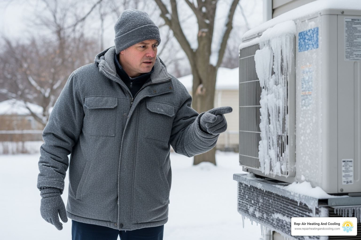 A homeowner looking concerned at their outdoor heat pump unit, pointing to ice buildup. - heat pump repair langley bc