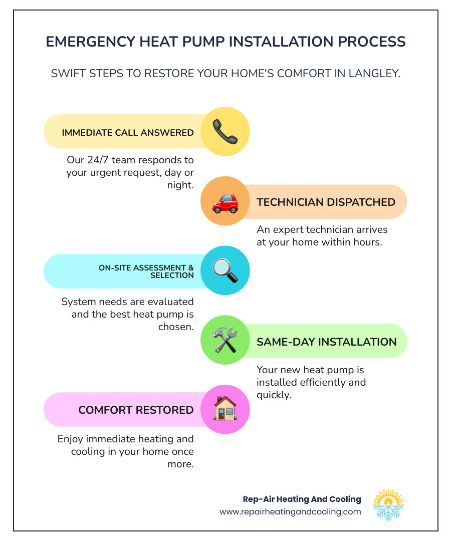 Infographic showing emergency heat pump installation process: immediate call answered 24/7, technician dispatched within hours, on-site assessment and system selection, same-day installation completed, comfort restored - 24/7 heat pump installation langley infographic infographic-line-5-steps-colors