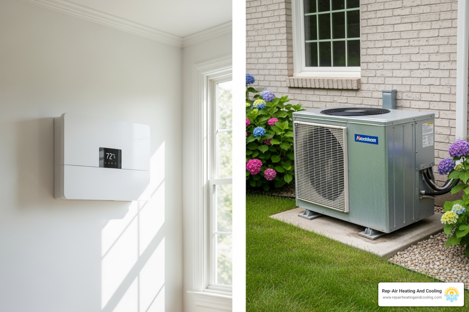 Ductless mini-split unit on wall and traditional ducted outdoor unit - 24/7 heat pump installation langley