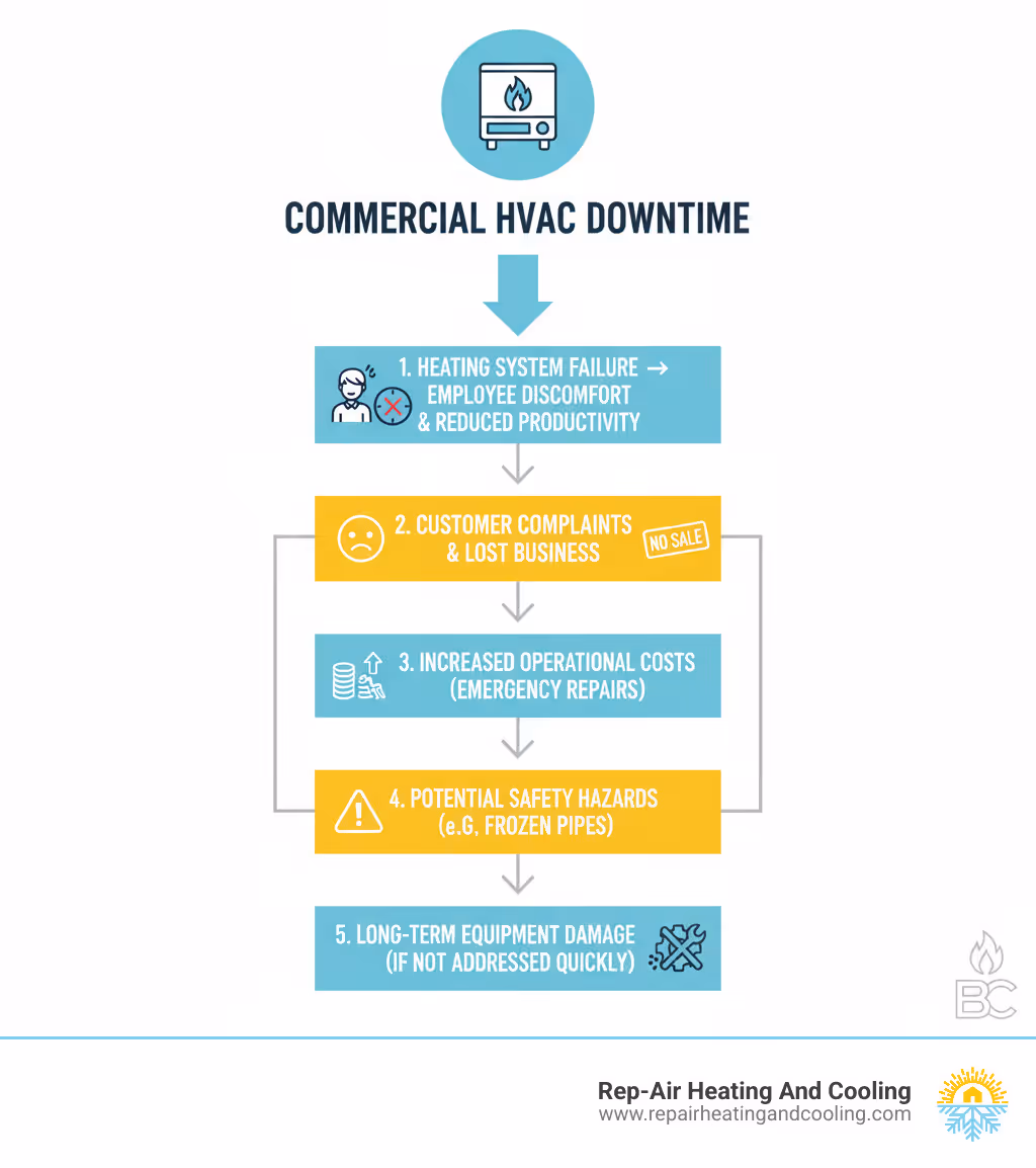 Infographic showing the cascading impact of commercial HVAC downtime: heating system failure leads to employee discomfort and reduced productivity, customer complaints and lost business, increased operational costs from emergency repairs, potential safety hazards, and long-term equipment damage if not addressed quickly - furnace repair coquitlam, bc infographic 