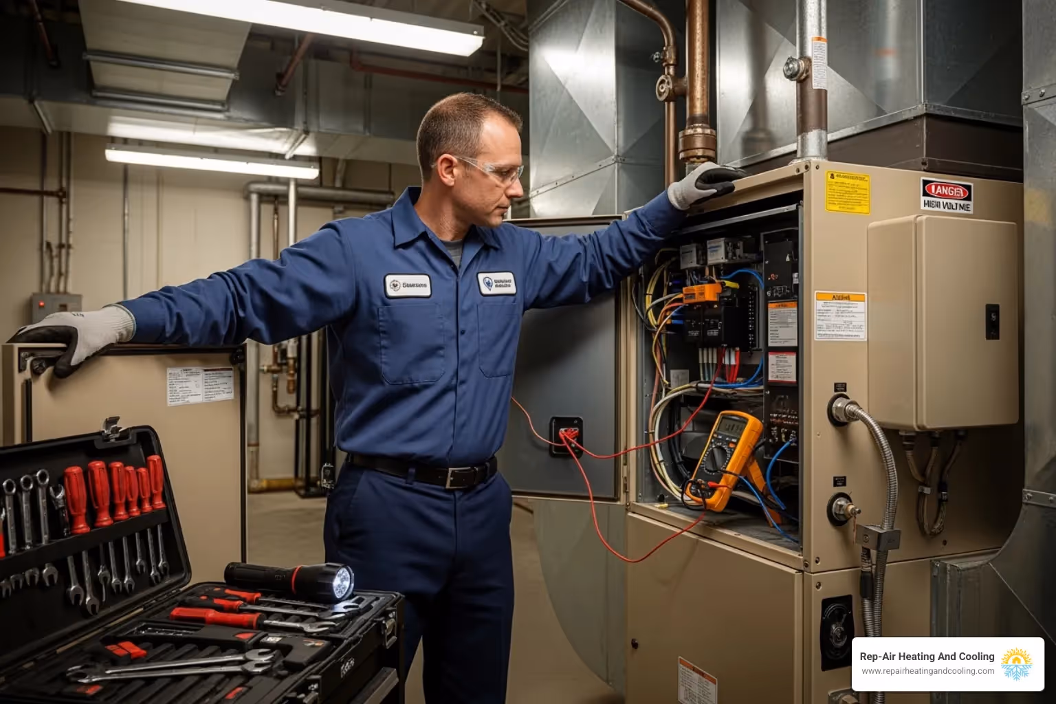 of a technician performing maintenance on a furnace, checking components with a tool. - furnace repair coquitlam, bc