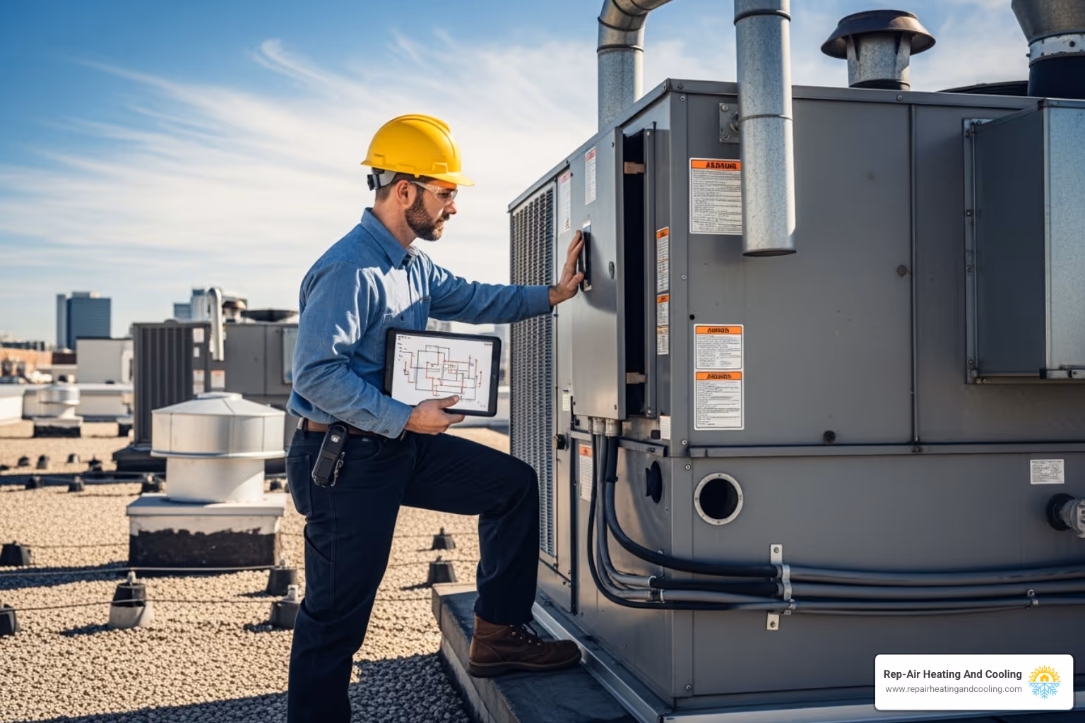 of a technician inspecting a large commercial rooftop furnace unit. - furnace repair coquitlam, bc
