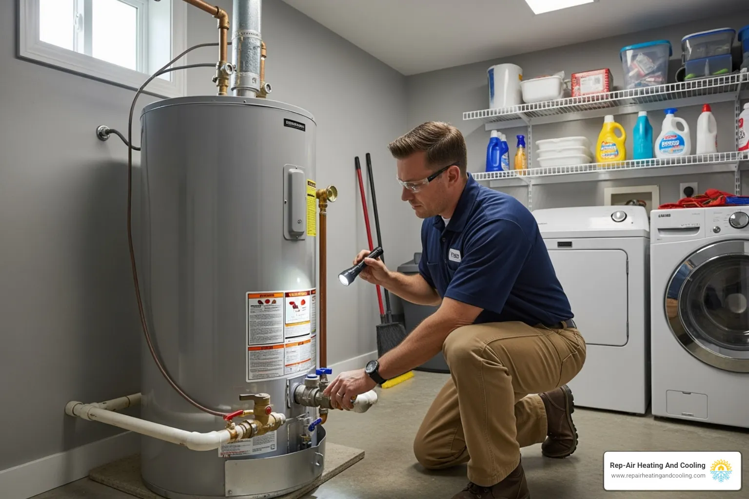 professional technician inspecting a water heater - water heater repair mission