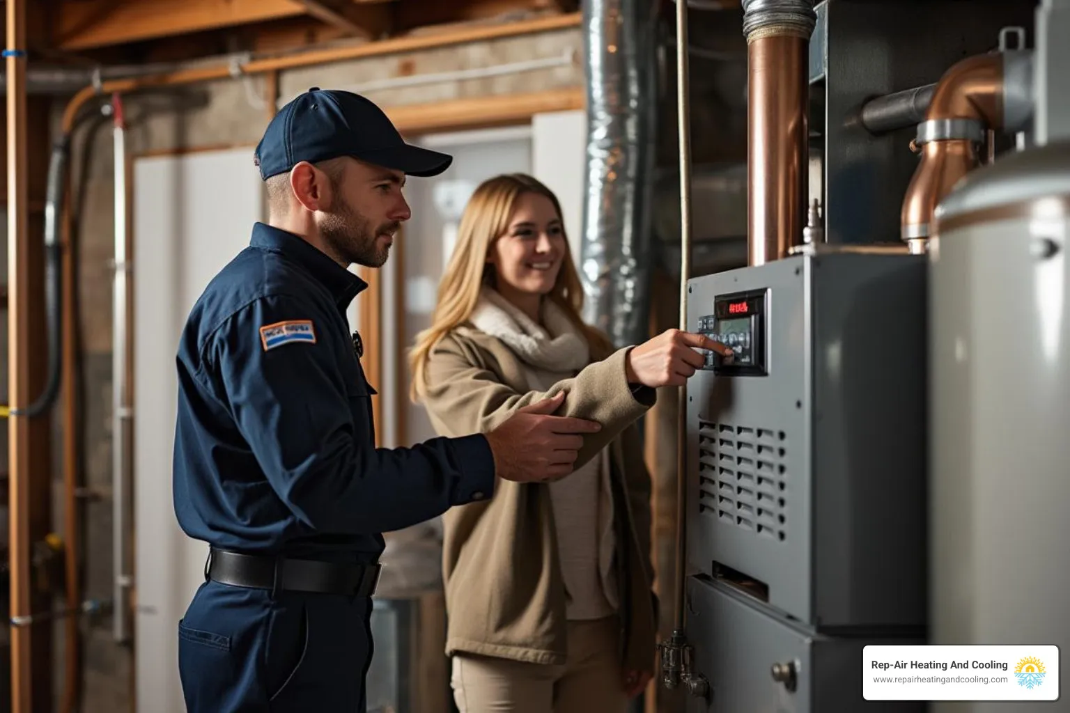 Rep-Air Heating And Cooling technician explaining new furnace controls to homeowner - furnace installation surrey, bc Rep-Air Heating And Cooling technician explaining new furnace controls to homeowner - furnace installation surrey, bc