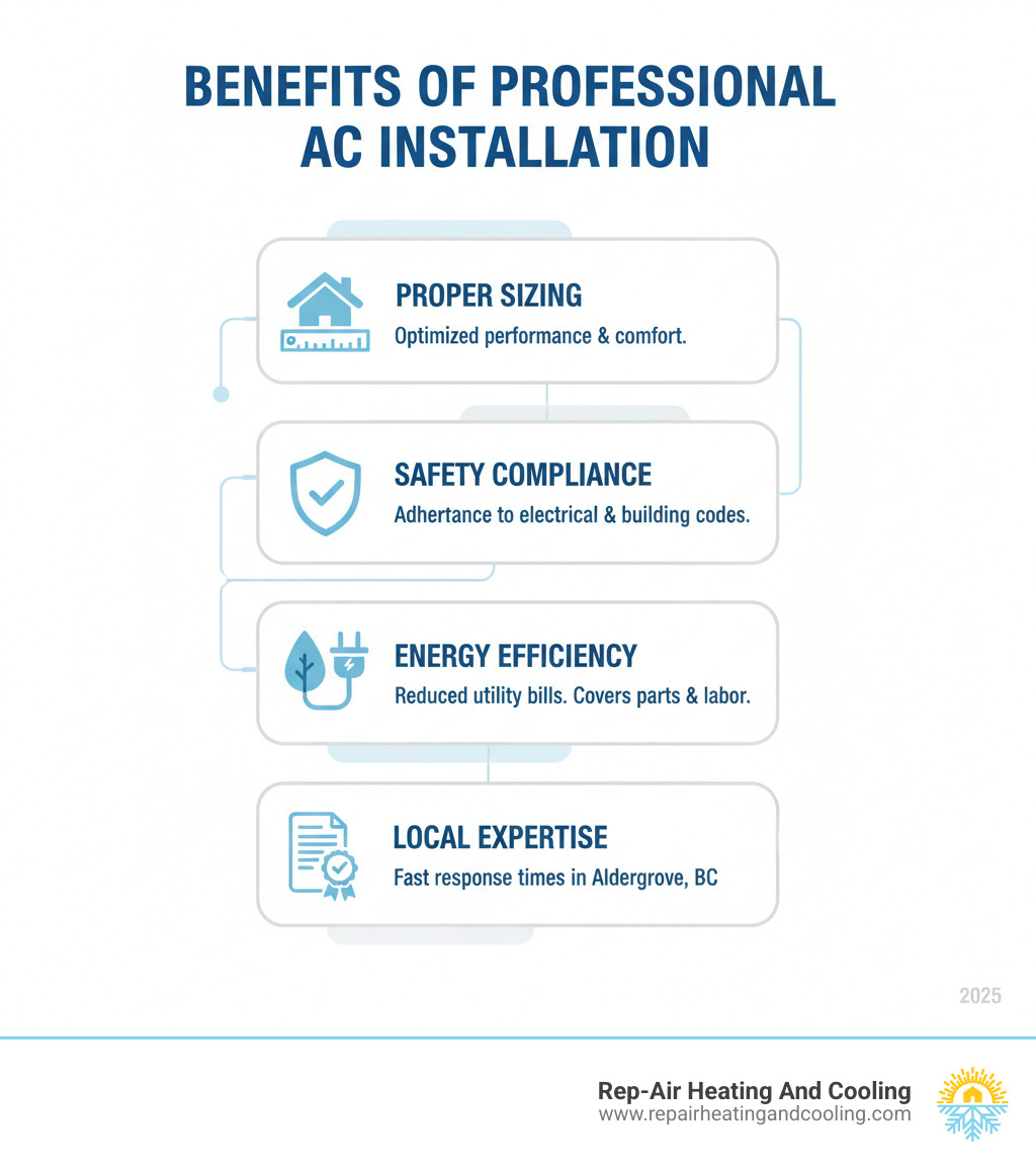 infographic showing benefits of professional AC installation including proper sizing, safety compliance, energy efficiency, warranty protection, and local expertise with response times - ac installation aldergrove, bc infographic 