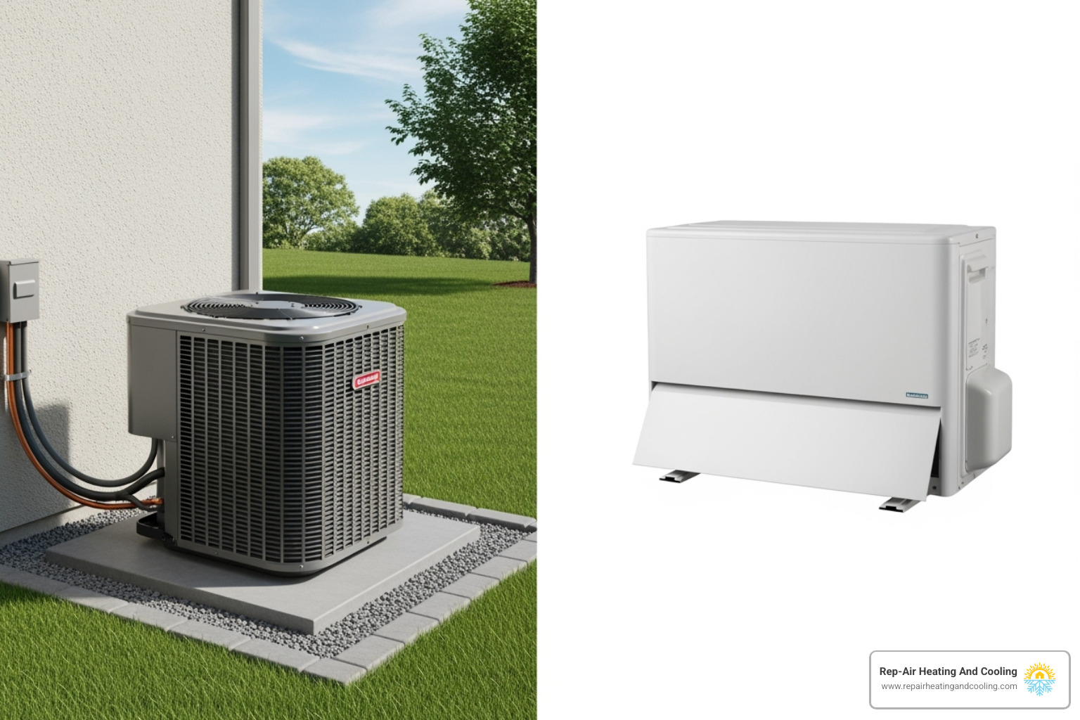 different AC unit types, such as a central air unit and a ductless mini-split on a wall - ac installation aldergrove, bc