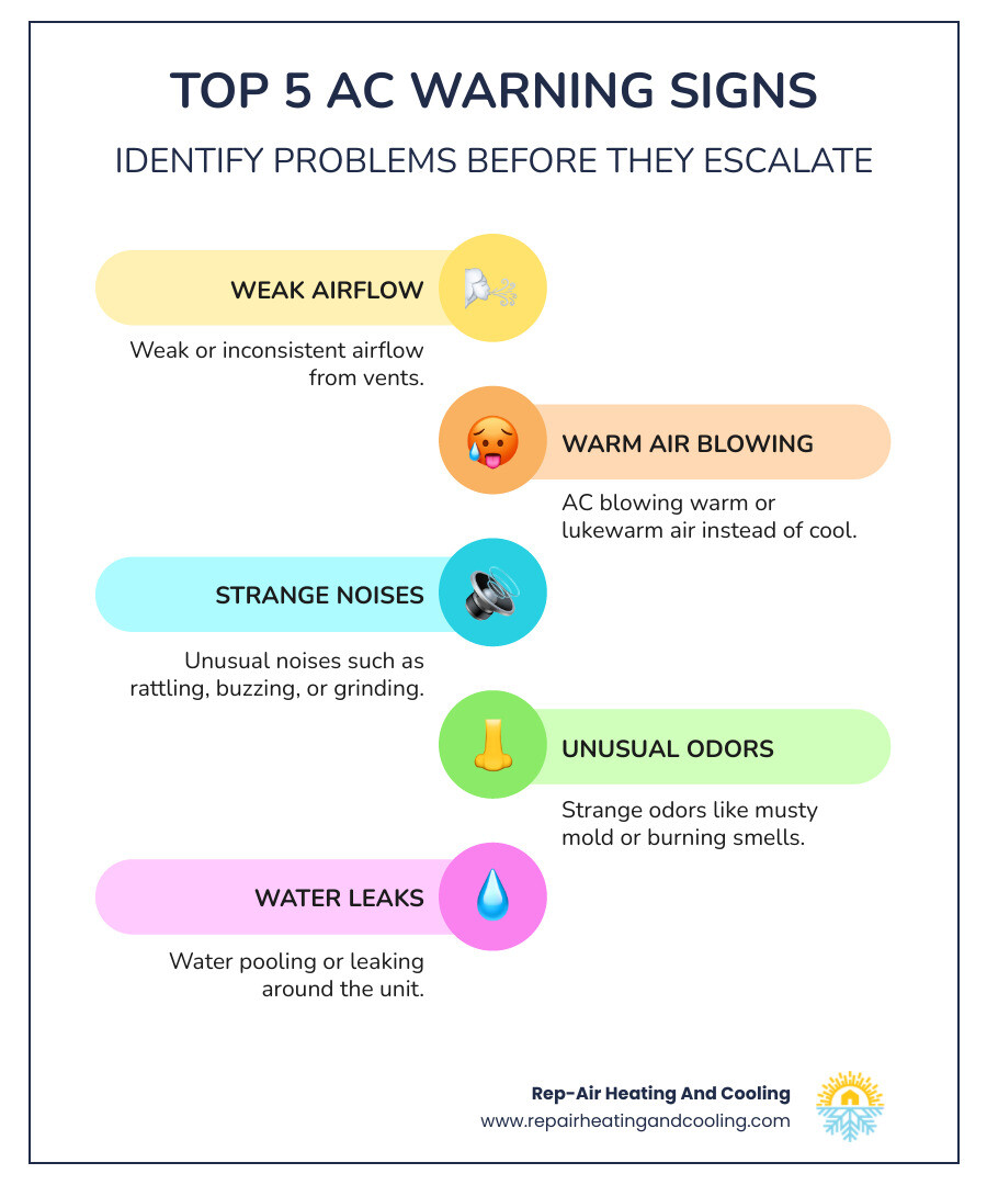 Infographic showing 5 warning signs your air conditioner needs immediate attention: 1. Weak or inconsistent airflow from vents, 2. AC blowing warm or lukewarm air instead of cool, 3. Unusual noises such as rattling, buzzing, or grinding, 4. Strange odors like musty mold or burning smells, 5. Water pooling or leaking around the unit - air conditioner repair langley bc infographic infographic-line-5-steps-colors