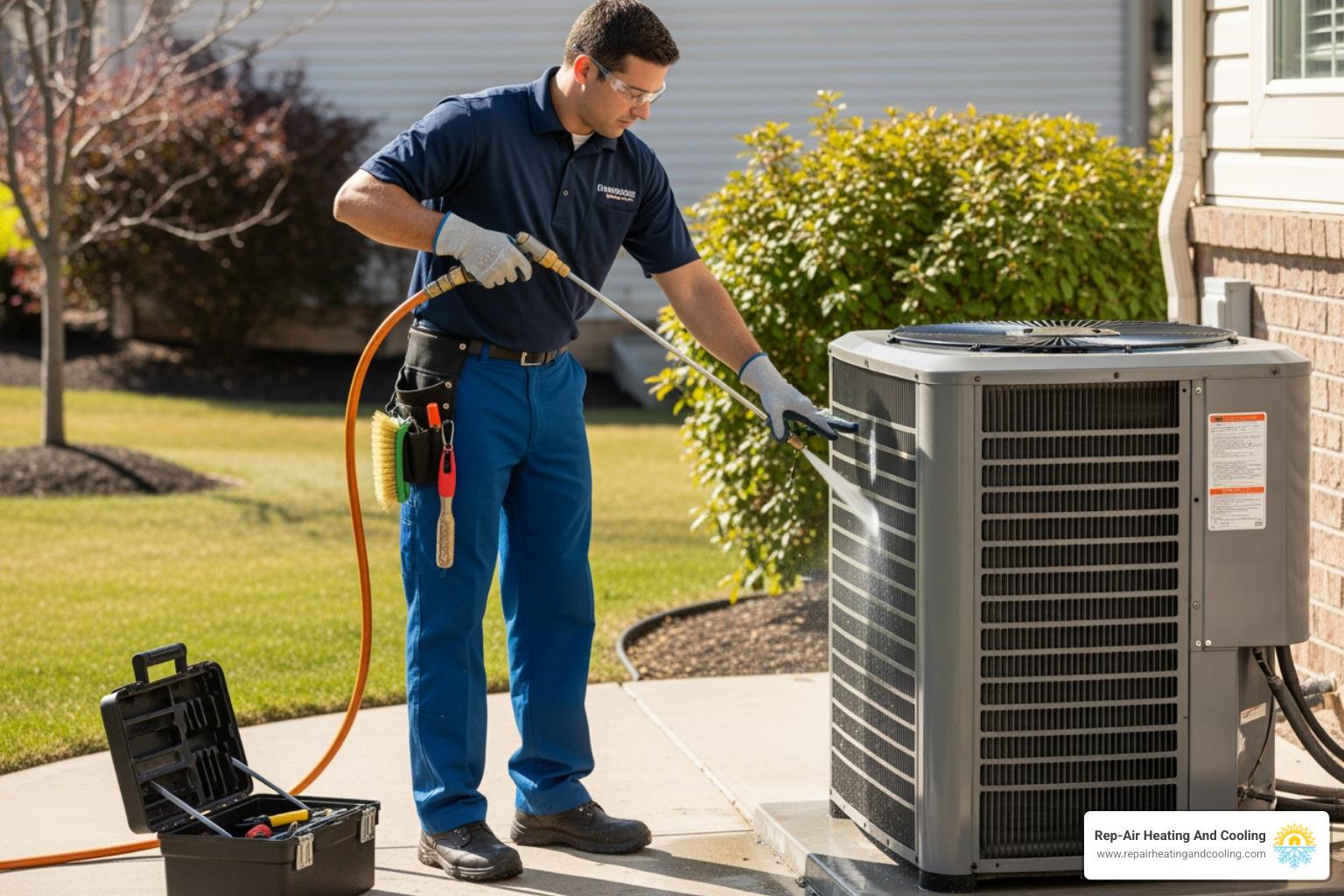 A professional HVAC technician cleaning an outdoor condenser unit during routine air conditioner maintenance. - air conditioner repair langley bc