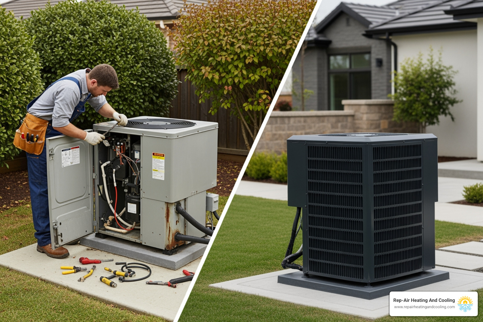 Split image showing a technician repairing an old AC unit on one side and a new, modern AC unit on the other, symbolizing the repair vs. replacement decision. - air conditioner repair langley bc