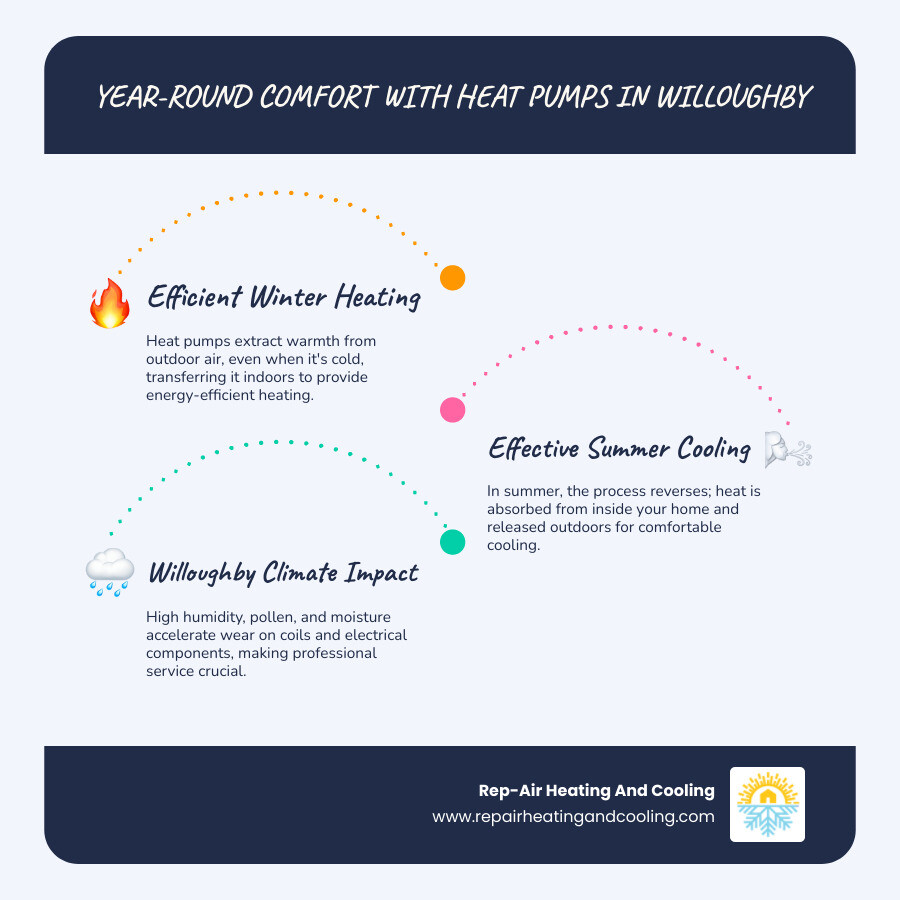 Infographic showing how heat pumps provide year-round comfort: heating mode extracts warmth from outdoor air and transfers it inside during winter; cooling mode reverses the process in summer, moving heat outside; common Willoughby-specific issues include moisture-related coil fouling, electrical component wear from humidity, and seasonal pollen buildup affecting airflow - professional heat pump repair willoughby infographic infographic-line-3-steps-blues-accent_colors Infographic showing how heat pumps provide year-round comfort: heating mode extracts warmth from outdoor air and transfers it inside during winter; cooling mode reverses the process in summer, moving heat outside; common Willoughby-specific issues include moisture-related coil fouling, electrical component wear from humidity, and seasonal pollen buildup affecting airflow - professional heat pump repair willoughby infographic infographic-line-3-steps-blues-accent_colors