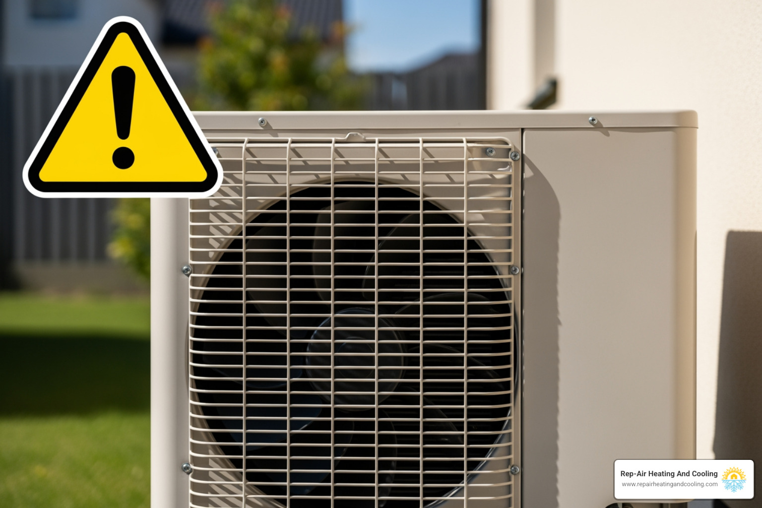 A heat pump's outdoor unit with a warning icon overlay, indicating a potential issue with the system - professional heat pump repair willoughby A heat pump's outdoor unit with a warning icon overlay, indicating a potential issue with the system - professional heat pump repair willoughby