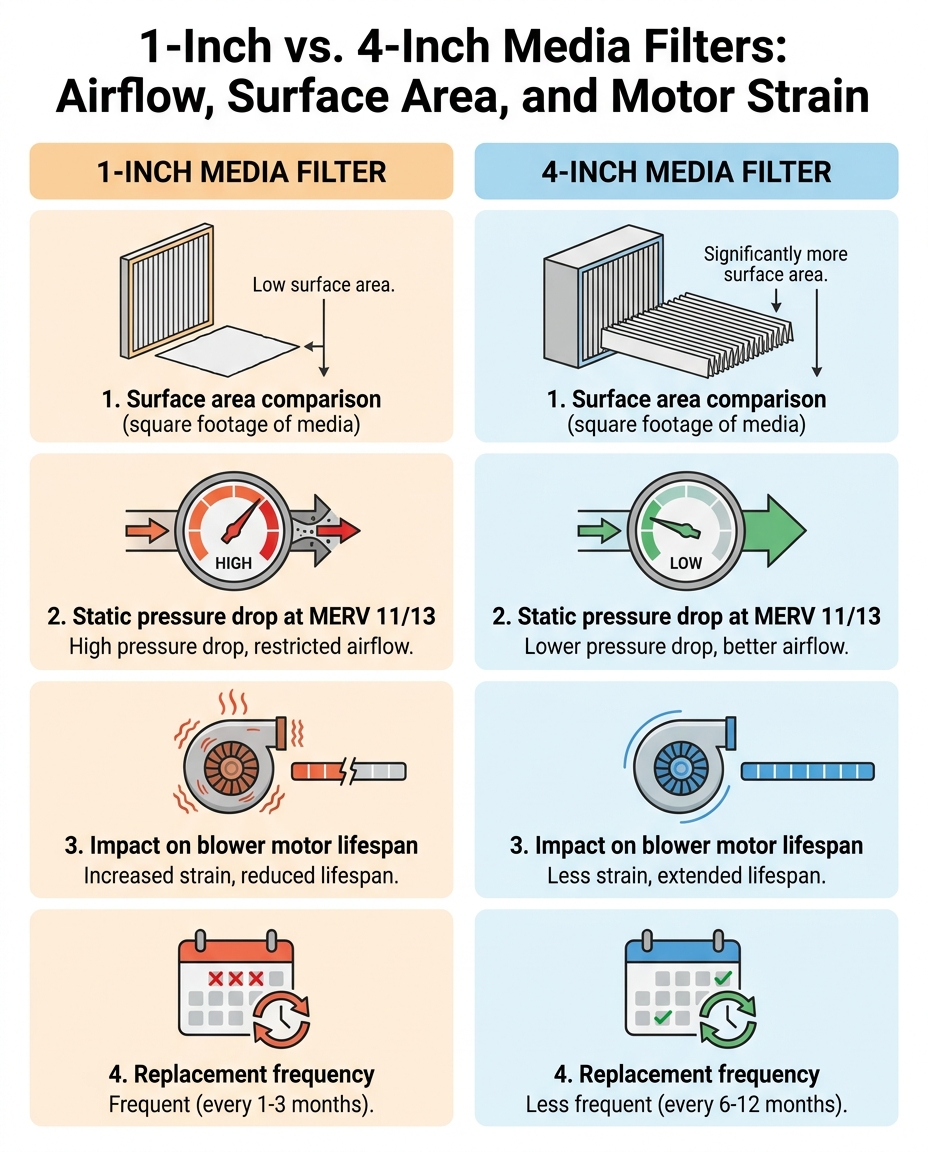 1-Inch vs. 4-Inch Media Filters: Airflow, Surface Area, and Motor Strain