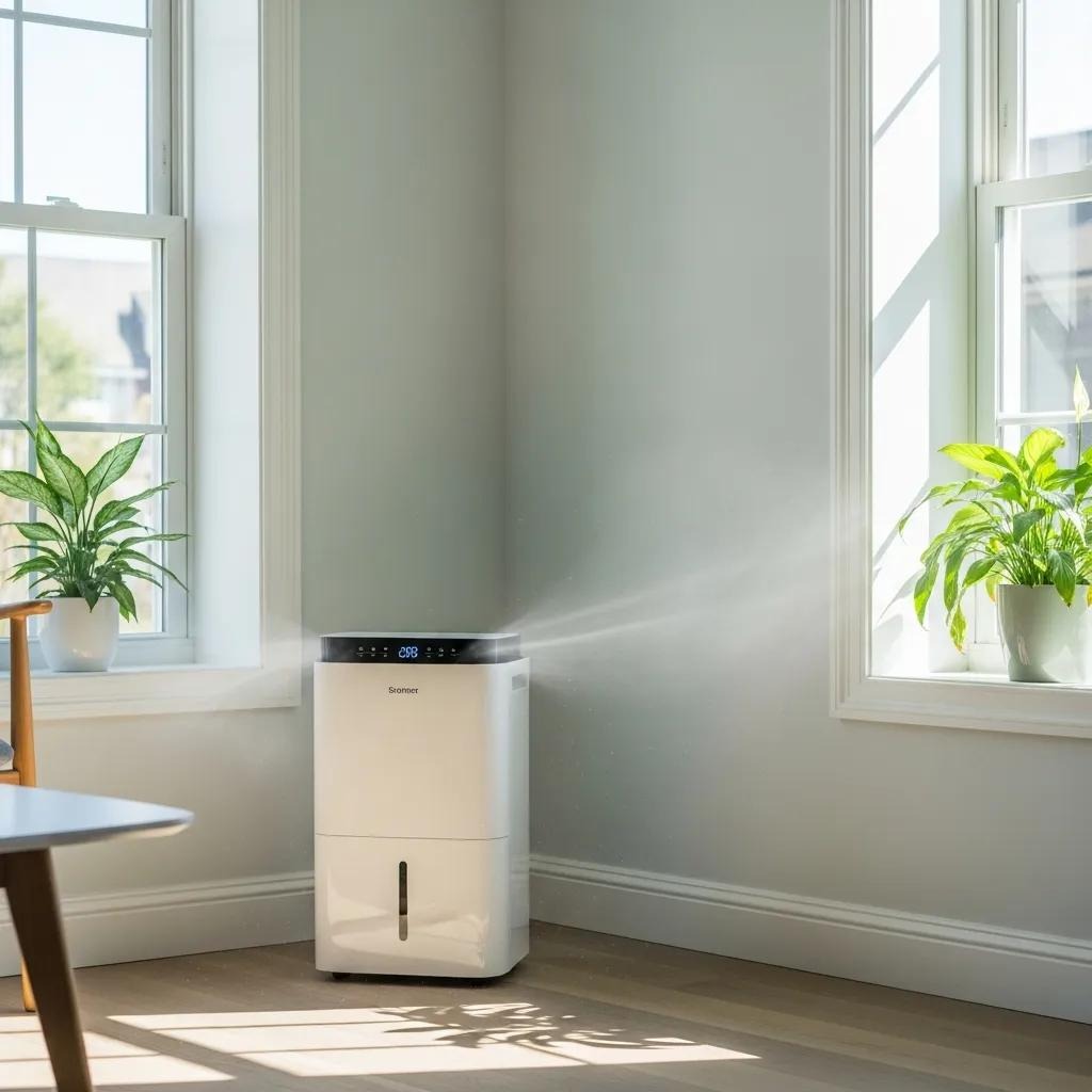 Modern dehumidifier in a bright room, illustrating its role in preventing mold and improving air quality