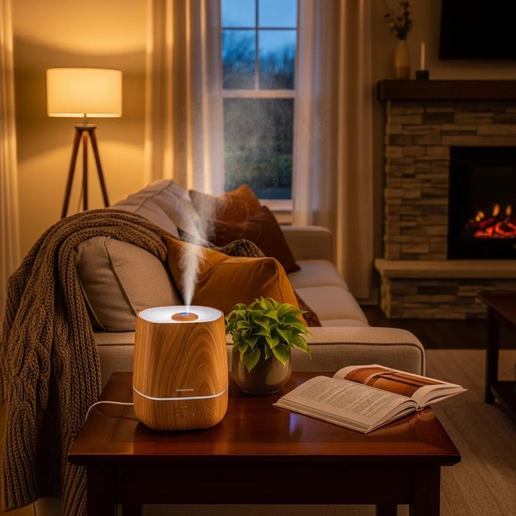 Stylish humidifier in a cozy living room, emphasizing home comfort and humidity control