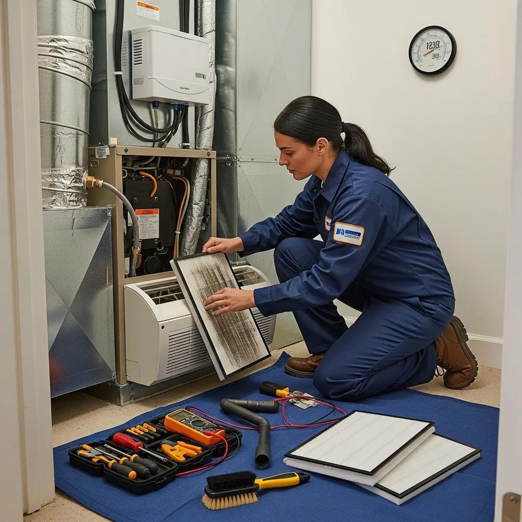 HVAC technician maintaining a system, highlighting the importance of HVAC maintenance for humidity control