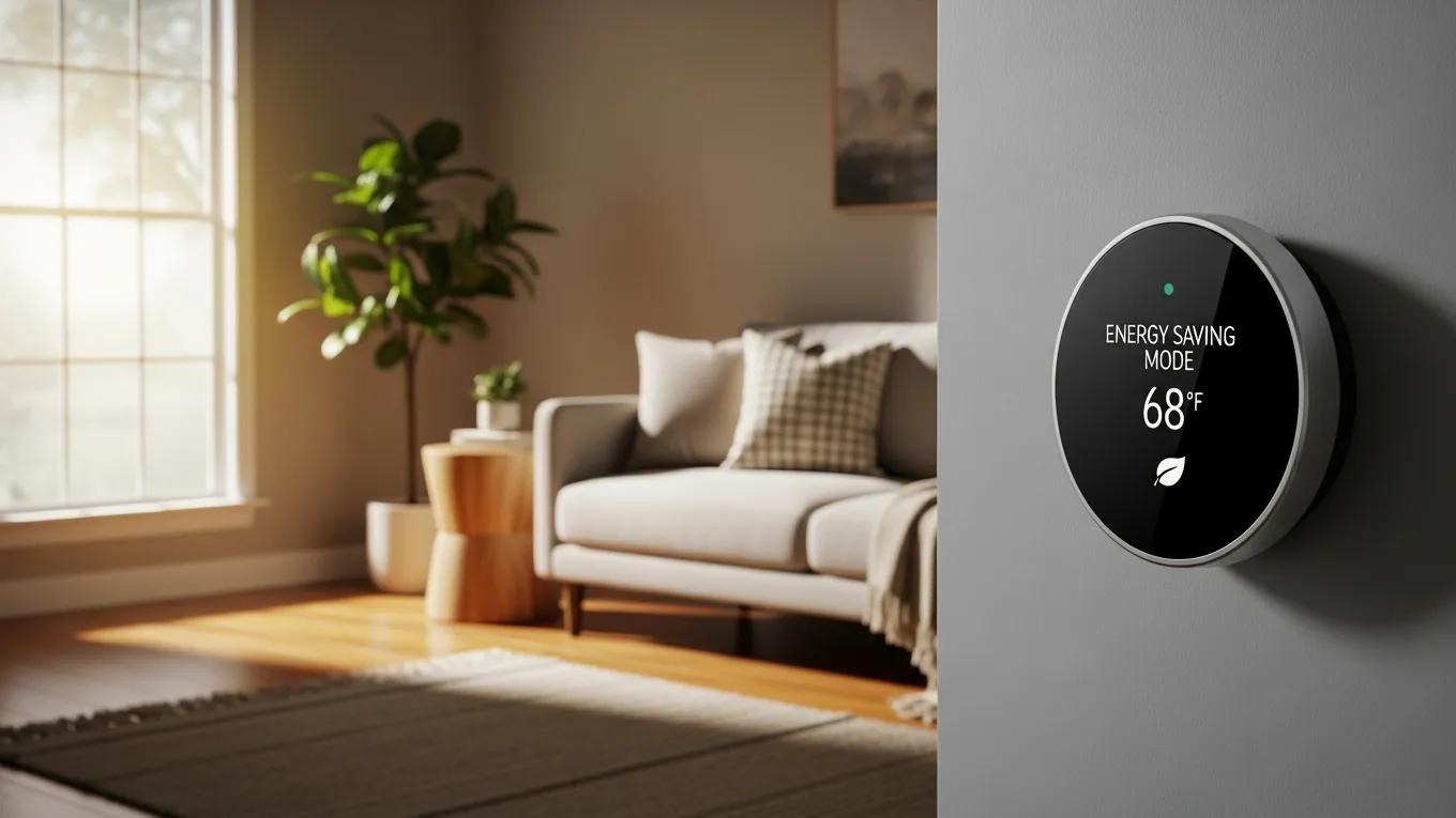 Smart thermostat in a cozy living room, highlighting energy-saving features