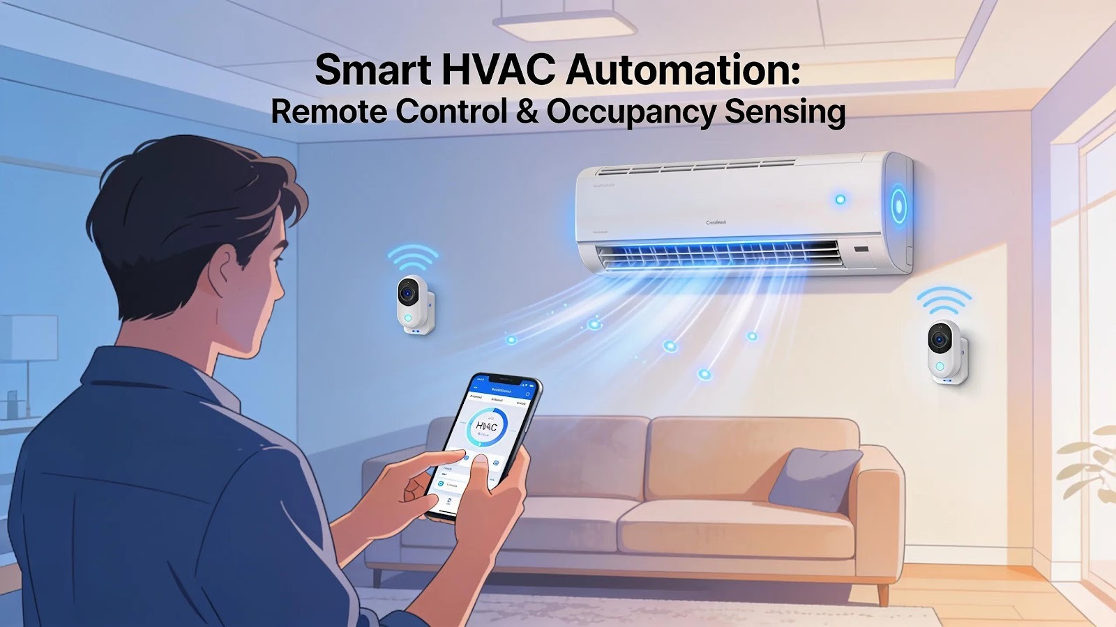 Illustration of HVAC automation techniques with a user controlling the system through a mobile app