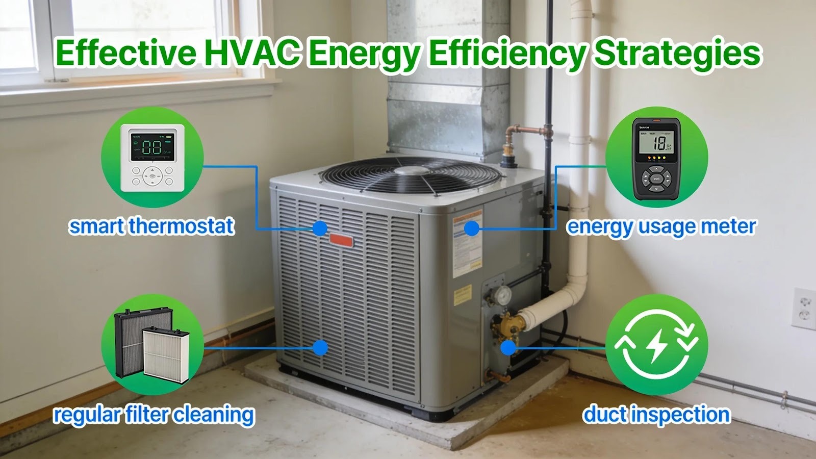Image showcasing energy efficiency strategies for HVAC systems, featuring a modern unit and monitoring tools