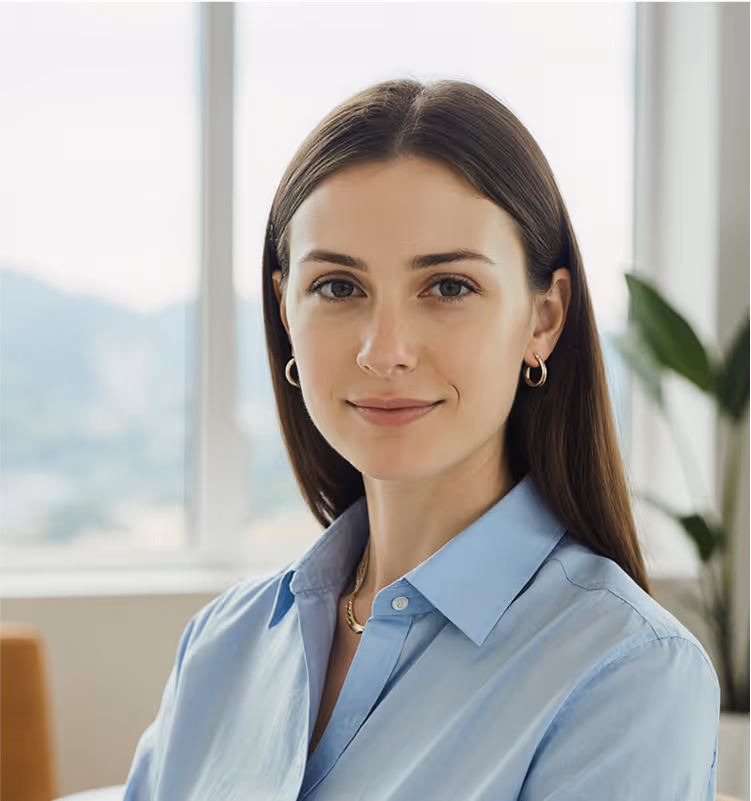 Portrait d’une cliente professionnelle dans un bureau lumineux avec vue sur le lac, habillée d’une chemise bleu clair, regard confiant et souriant.