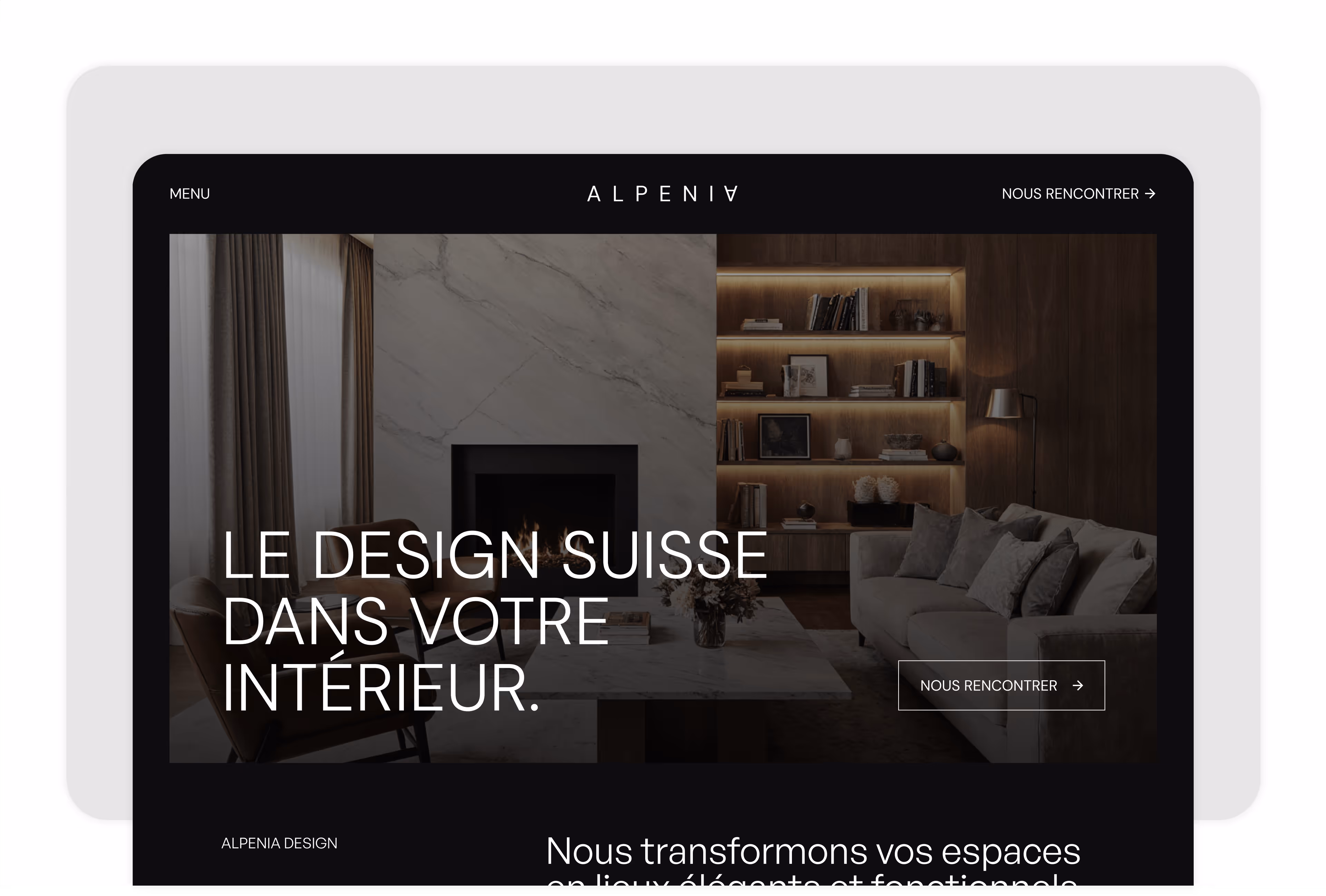Site web d’architecture et design intérieur suisse, esthétique premium développée par Omena.
