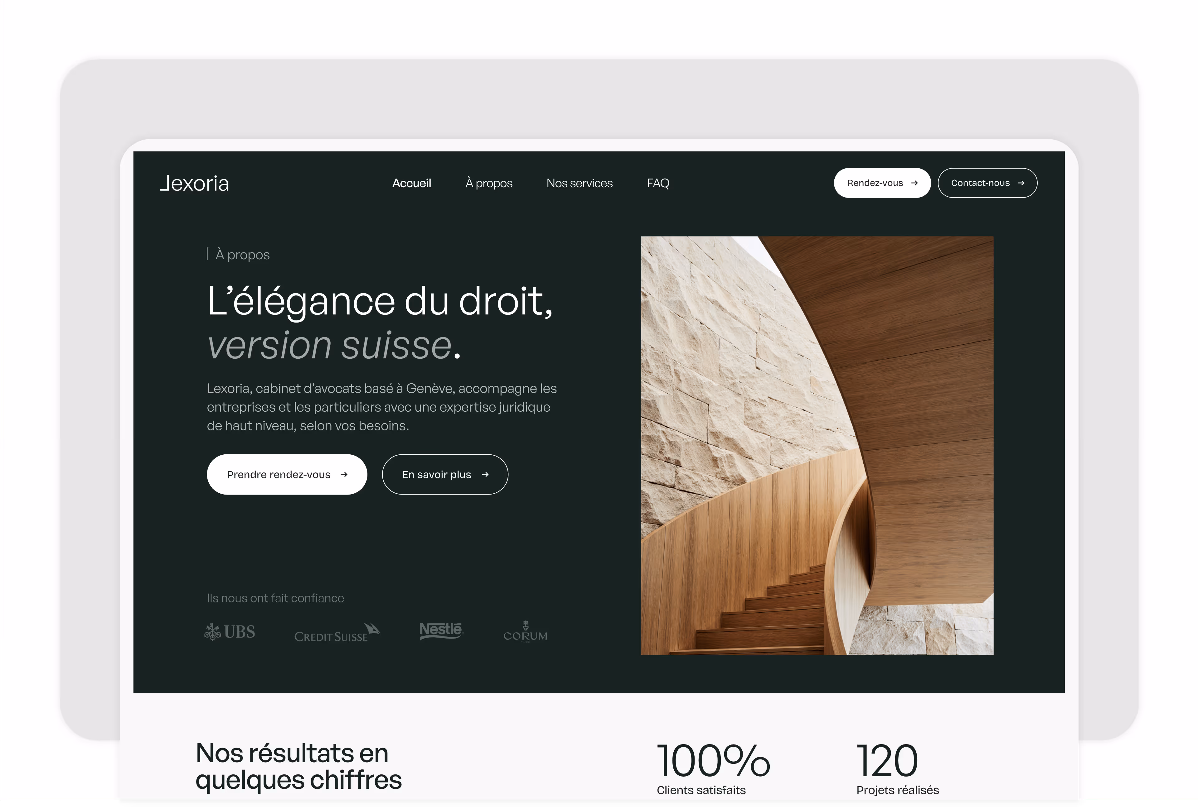 Interface web sobre et raffinée pour un cabinet d’avocats suisse, création sur-mesure par Omena.
