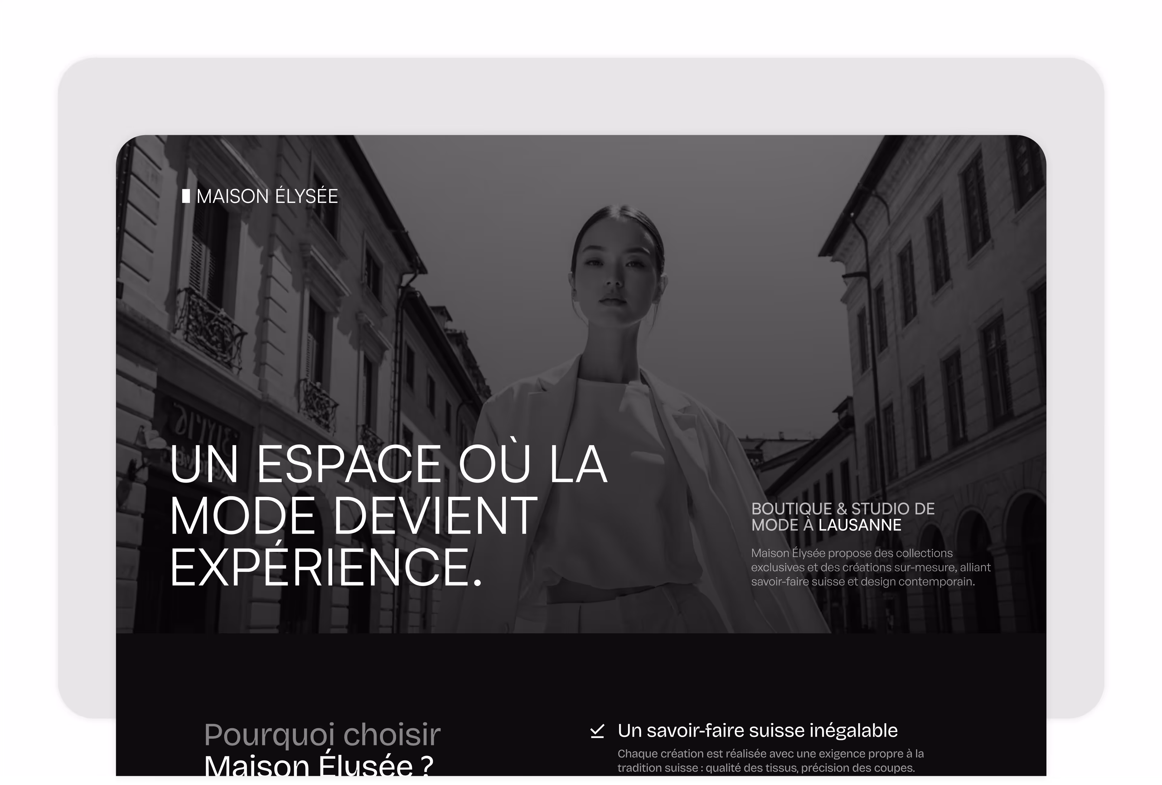 Page d’accueil élégante pour une marque de mode premium, réalisée par Omena avec une direction artistique épurée et impactante.