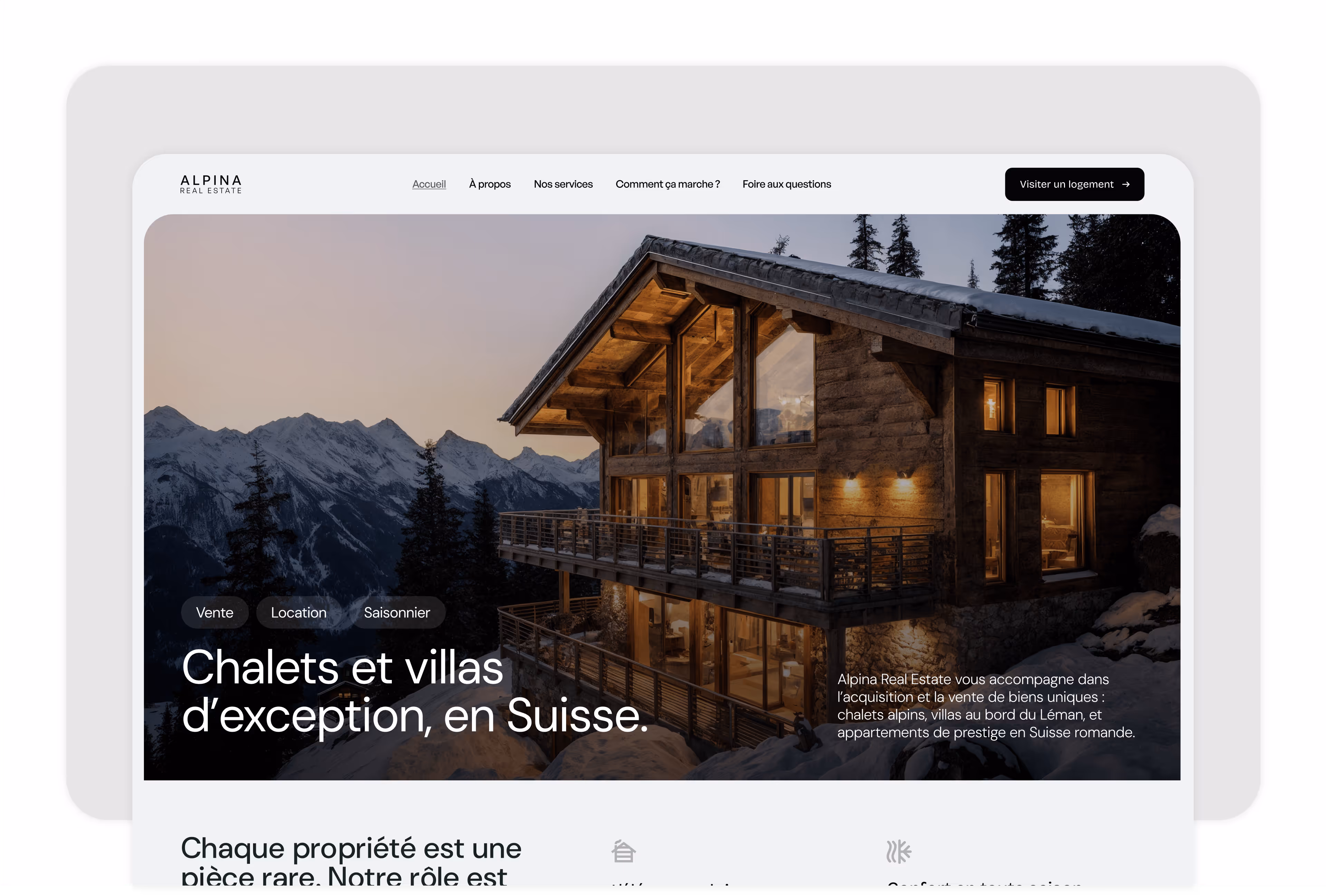Site vitrine pour chalets et villas d’exception en Suisse, réalisé par Omena avec un design immersif et naturel.