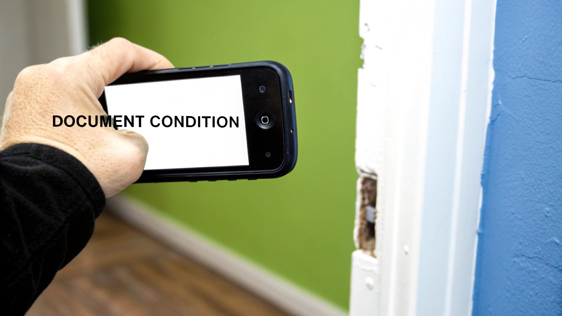 A person taking a photo of a clean, empty room with a smartphone, documenting the property's condition.