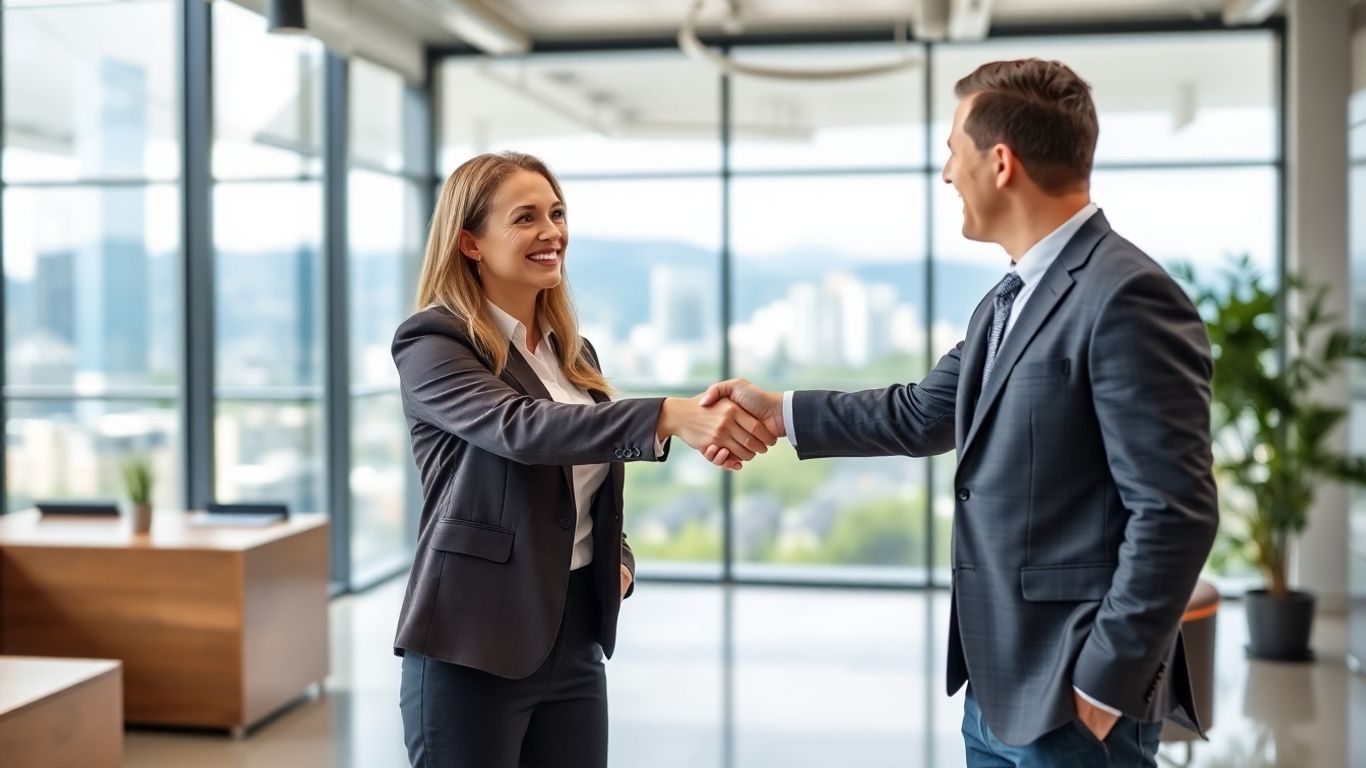 Realtor shaking hands with client, Maple Ridge cityscape background.