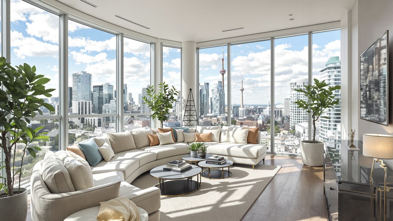 Modern Toronto home interior with city view.