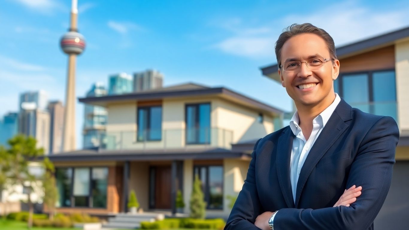 Realtor in front of Toronto house with city skyline